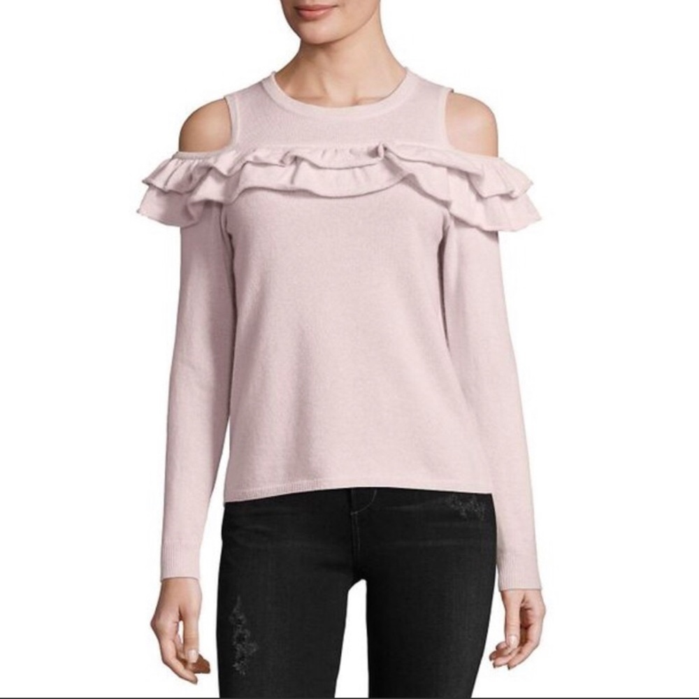 NEW! Saks Fifth Avenue Ruffled Cashmere Cold Shoulder Sweater Pink SZ Large